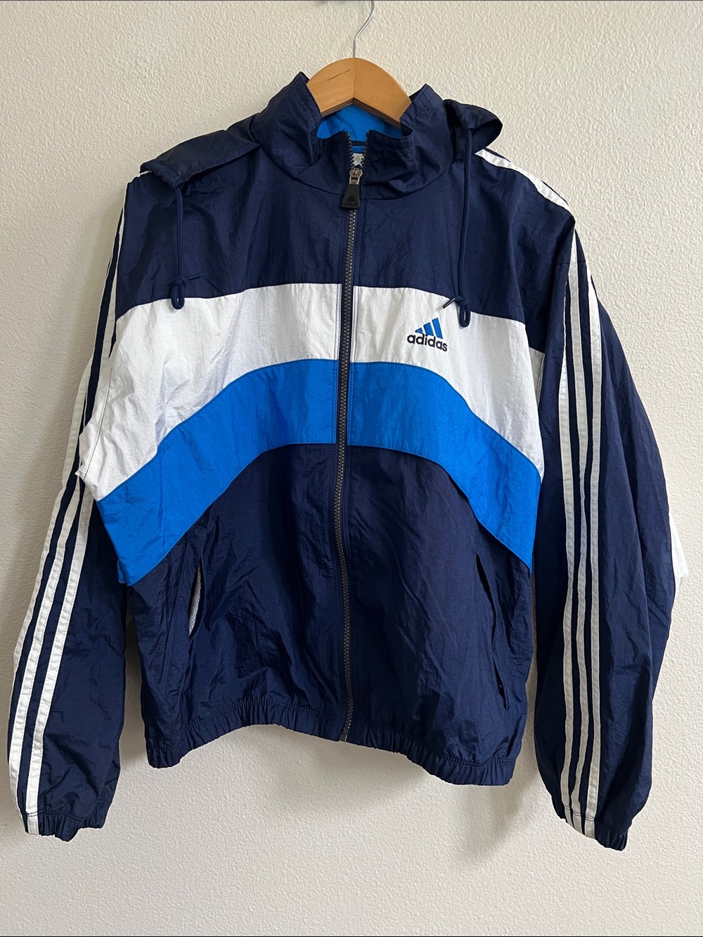 ADIDAS Vintage 90s 3-Stipes Colorblock Hooded Zip Windbreaker Navy/Blue/White M